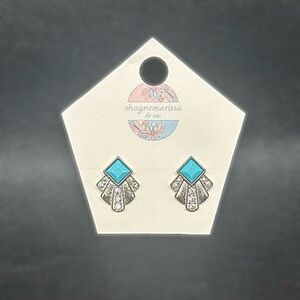 Silver and Turquoise Deco-Style Stud Earrings — Renewed